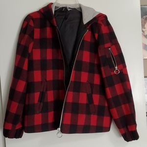 H&M womens red/black lined, full zip coat with hood.